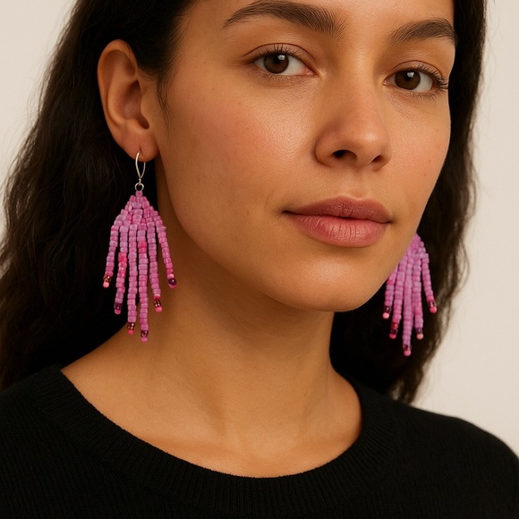 Vibrant Pink Beaded Fringe Earrings - Picture 1 of 1